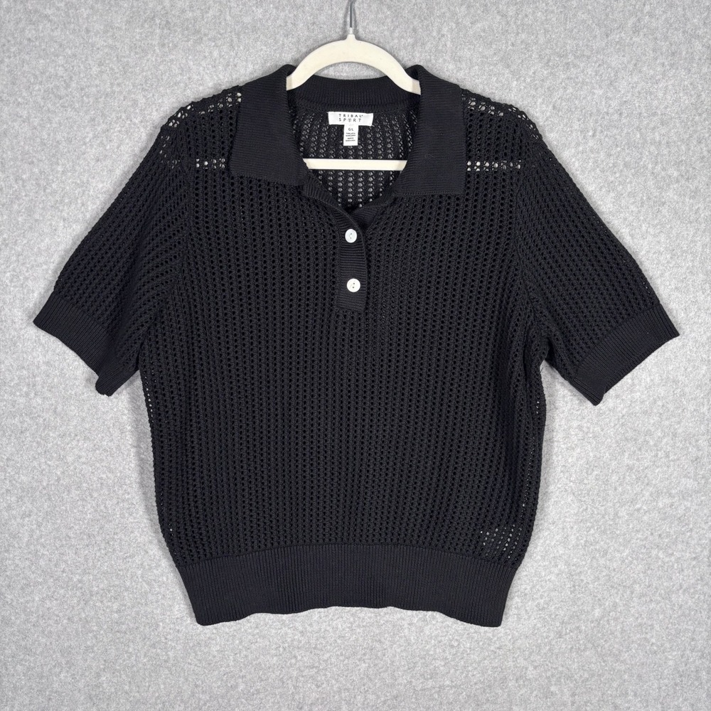 Tribal Crochet Open Knit Polo Shirt Large Black Cotton Old Money Tennis Preppy